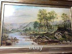 Large Antique River Landscape With Mountain Scene Oil Painting Signed/Framed