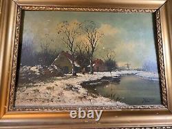Large Antique Rural Landscape With Home Scene Oil Painting -Signed And Framed