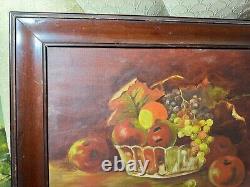 Large Antique Tabletop Still Life With Fruits Scene Oil Painting Framed