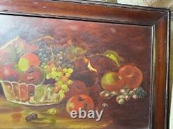 Large Antique Tabletop Still Life With Fruits Scene Oil Painting Framed