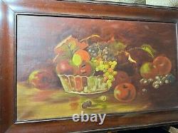 Large Antique Tabletop Still Life With Fruits Scene Oil Painting Framed