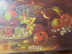 Large Antique Tabletop Still Life With Fruits Scene Oil Painting Framed