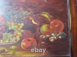 Large Antique Tabletop Still Life With Fruits Scene Oil Painting Framed