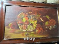 Large Antique Tabletop Still Life With Fruits Scene Oil Painting Framed