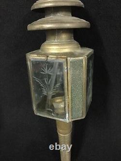 Large Antique Tin And Glass Etched Whale Oil Fixture Lantern