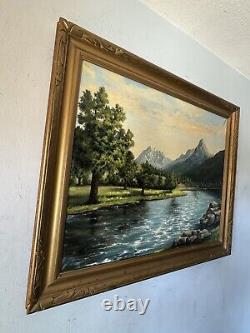 Large Antique Utah Mount Timpanogos River Lake Landscape Oil Painting Old 1954