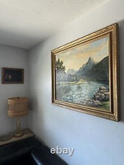 Large Antique Utah Mount Timpanogos River Lake Landscape Oil Painting Old 1954