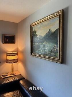 Large Antique Utah Mount Timpanogos River Lake Landscape Oil Painting Old 1954