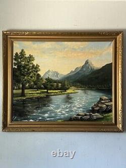 Large Antique Utah Mount Timpanogos River Lake Landscape Oil Painting Old 1954