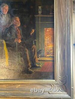 Large Antique W Tremaine Elderly Couple By Fireplace Oil Painting Framed