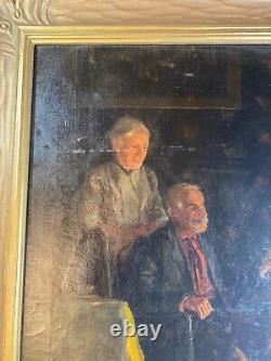 Large Antique W Tremaine Elderly Couple By Fireplace Oil Painting Framed
