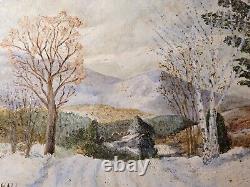 Large Antique Winter Landscape Oil Painting Signed In Ornate Gold Gilt Frame Vtg