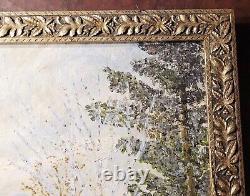 Large Antique Winter Landscape Oil Painting Signed In Ornate Gold Gilt Frame Vtg