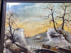 Large Antique Winter Landscape With Figures Scene Oil Painting Signed/Framed