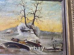 Large Antique Winter Landscape With Figures Scene Oil Painting Signed/Framed