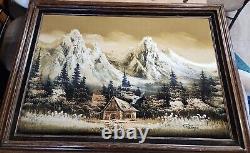 Large Mountain Cabin Framed Oil Painting On Velvet Antique
