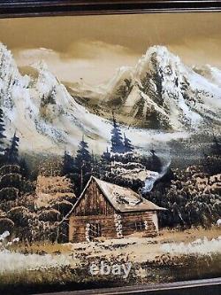 Large Mountain Cabin Framed Oil Painting On Velvet Antique