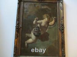 Large Old Master Painting Antique 18th Century Oil Iconic Religious Cherub Lamp