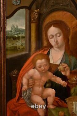 Large Painting Antique Madonna Maestro Del Parrot Oil On Board 16/17 Century