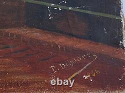 Large Rare Antique Bulldog Fighting Dog Oil Painting 1946 Signed P. Delplace