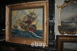 Large Spectacular Antique Original Seascape Battle Oil on Canvas Laid on Board
