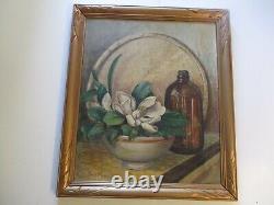 Large Vintage Oil Painting Antique Bottle Jug Floral Flower Still Life Listed