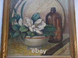 Large Vintage Oil Painting Antique Bottle Jug Floral Flower Still Life Listed