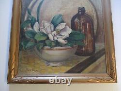 Large Vintage Oil Painting Antique Bottle Jug Floral Flower Still Life Listed