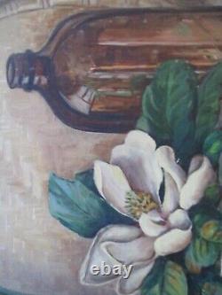 Large Vintage Oil Painting Antique Bottle Jug Floral Flower Still Life Listed