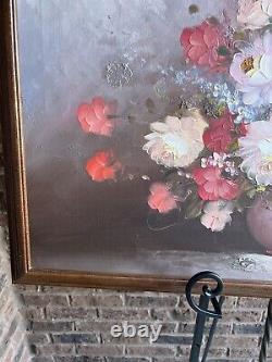 Large Vintage Oil Painting On Canvas Flowers Florals Bouquet In Vase Signed