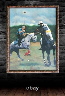 Large Vintage Original Oil Painting Horse Pony Polo Ponies Antique Frame Art