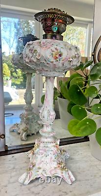 Large antique Sitzendorf floral encrusted oil lamp