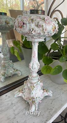 Large antique Sitzendorf floral encrusted oil lamp