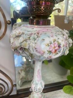 Large antique Sitzendorf floral encrusted oil lamp