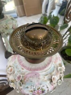 Large antique Sitzendorf floral encrusted oil lamp