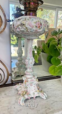 Large antique Sitzendorf floral encrusted oil lamp