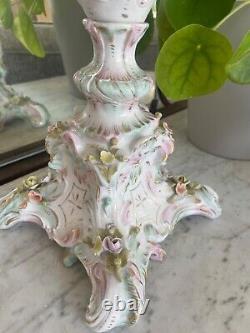 Large antique Sitzendorf floral encrusted oil lamp