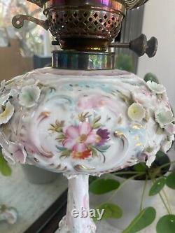 Large antique Sitzendorf floral encrusted oil lamp