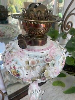 Large antique Sitzendorf floral encrusted oil lamp