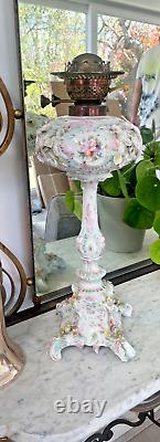 Large antique Sitzendorf floral encrusted oil lamp