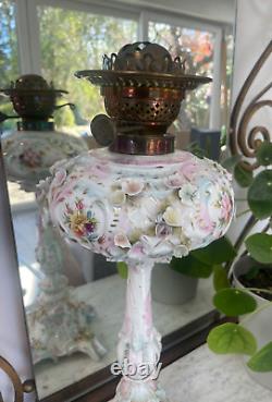 Large antique Sitzendorf floral encrusted oil lamp