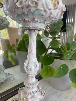 Large antique Sitzendorf floral encrusted oil lamp