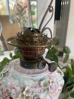 Large antique Sitzendorf floral encrusted oil lamp