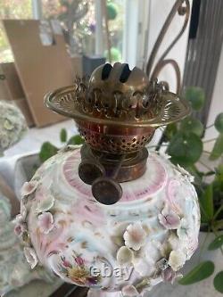 Large antique Sitzendorf floral encrusted oil lamp