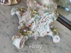 Large antique Sitzendorf floral encrusted oil lamp