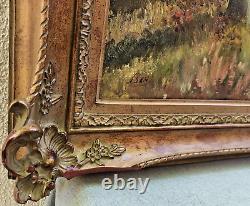 Large antique framed oil painting signed Beny France Nature Forest