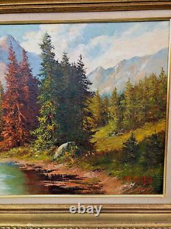 Large antique framed oil painting signed Ch. Knab France Nature Mountain