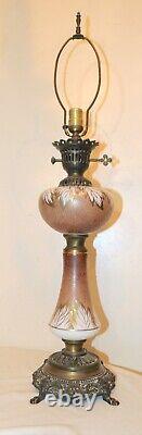 Large antique hand painted gilt glass bronze patinated oil style table lamp