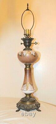 Large antique hand painted gilt glass bronze patinated oil style table lamp