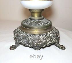 Large antique hand painted gilt glass bronze patinated oil style table lamp